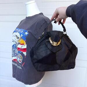 Y2K Black Leather & Suede Patchwork Hobo Bag w/ Gold Emblem